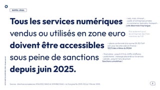 .2
OCTO
I
PART
OF
ACCENTURE
©
2026
-
All
rights
reserved
Tous les services numériques
vendus ou utilisés en zone euro
doivent être accessibles
sous peine de sanction
depuis juin 2025.
vendus ou utilisés en zone euro
sous peine de sanctions
depuis juin 2025.
vendus ou utilisés en zone euro
= pleine conformité à la norme EN 301 549
soit, pour les sites web en France :
100 % des critères du RGAA
- ﬁnancières : jusqu’à 5 % du chiffre d'affaires
- publicitaires : message placardé sur le service
- pénale : jusqu’à 3 ans de prison
Sanctions cumulatives !
Pas seulement pour
les entreprises des États
membres de l'UE
- web, mob, intranet…
- public et entreprises privées
- e-commerce, bancaire, transport…
Liste désormais trop longue
RAPPEL LÉGAL
Sources : directives européennes 2016/2102 (WAD) et 2019/882 (EAA) + loi française No 2005-102 du 11 février 2005.
 