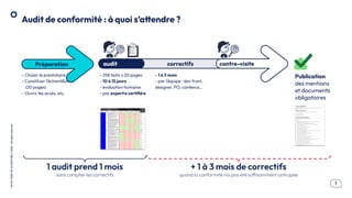 .7
OCTO
I
PART
OF
ACCENTURE
©
2026
-
All
rights
reserved
Audit de conformité : à quoi s’attendre ?
Publication
des mentions
et documents
obligatoires
✓
- 258 tests x 20 pages
- 10 à 15 jours
- évaluation humaine
- par expert·e certiﬁé·e
correctifs
- 1 à 3 mois
- par l’équipe : dev front,
designer, PO, contenus…
Préparation
- Choisir le prestataire
- Constituer l’échantillon
(20 pages)
- Ouvrir les accès, etc.
contre-visite
1 audit prend 1 mois
sans compter les correctifs
audit
+ 1 à 3 mois de correctifs
quand la conformité n’a pas été suffisamment anticipée
 