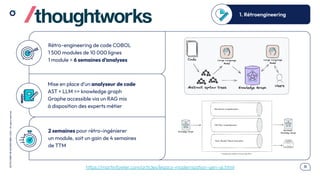 .11
OCTO
I
PART
OF
ACCENTURE©
2025
-
All
rights
reserved
Rétro-engineering de code COBOL
1 500 modules de 10 000 lignes
1 module = 6 semaines d’analyses
Mise en place d’un analyseur de code
AST + LLM => knowledge graph
Graphe accessible via un RAG mis
à disposition des experts métier
2 semaines pour rétro-ingénierer
un module, soit un gain de 4 semaines
de TTM
https://martinfowler.com/articles/legacy-modernization-gen-ai.html
1. Rétroengineering
 