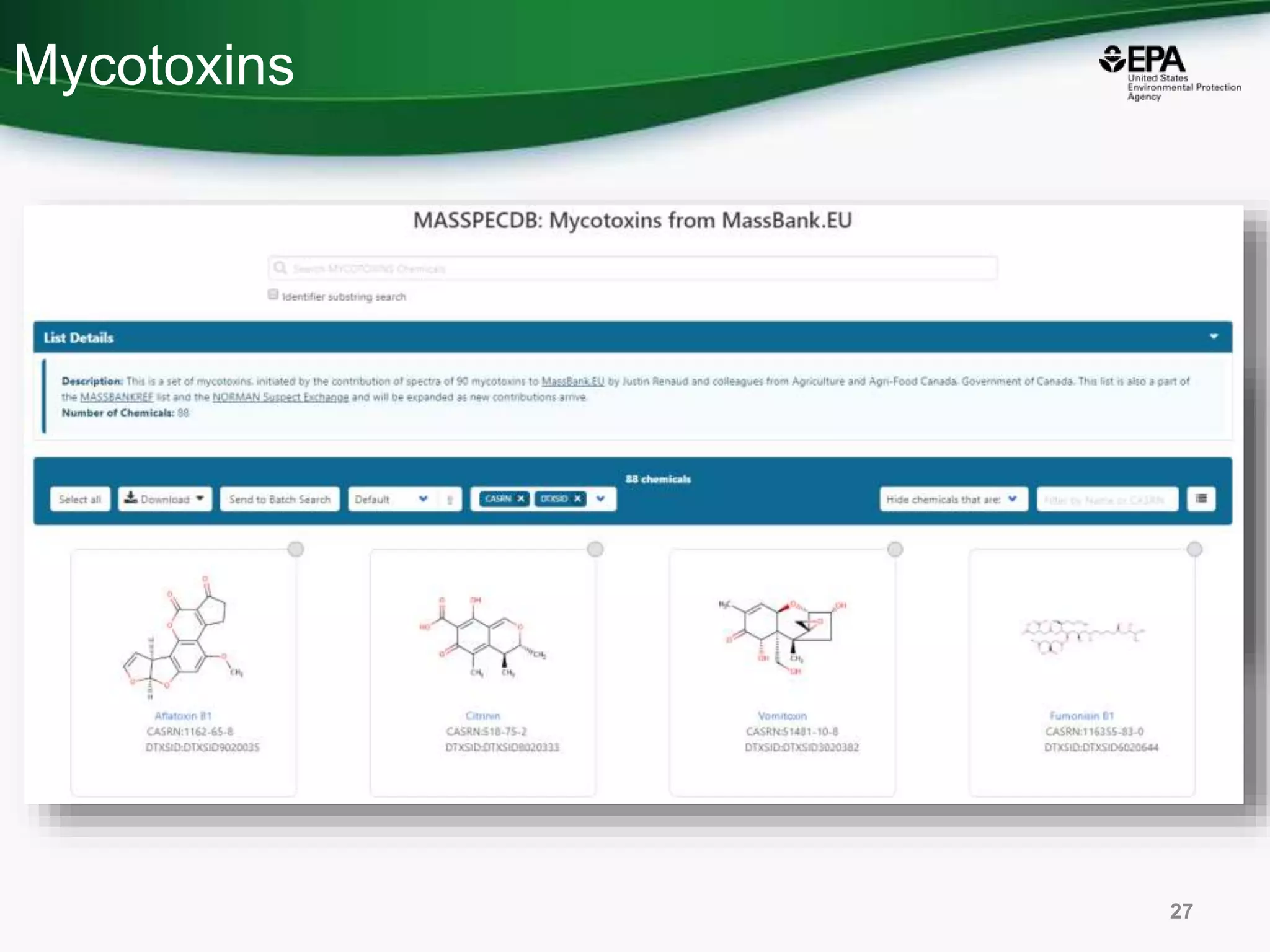 Mycotoxins
• Two lists: 328 and 88 members
27
 
