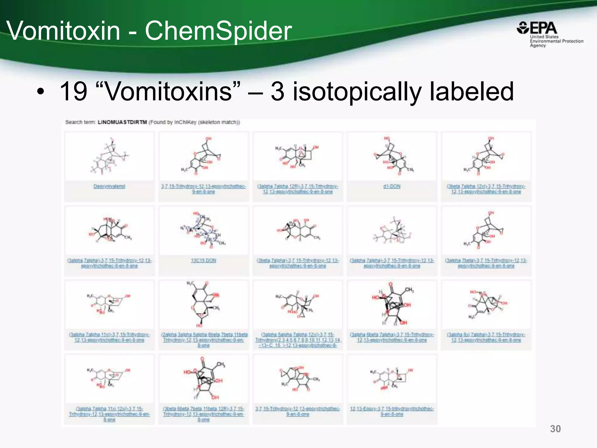 Vomitoxin - ChemSpider
• 19 “Vomitoxins” – 3 isotopically labeled
30
 