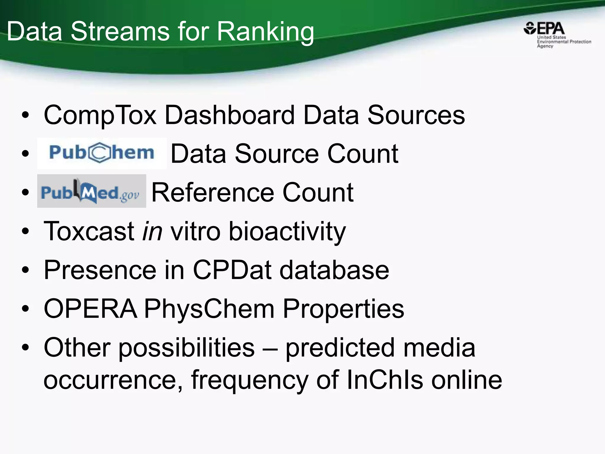 Data Streams for Ranking
• CompTox Dashboard Data Sources
• PubChem Data Source Count
• PubMed Reference Count
• Toxcast in vitro bioactivity
• Presence in CPDat database
• OPERA PhysChem Properties
• Other possibilities – predicted media
occurrence, frequency of InChIs online
 