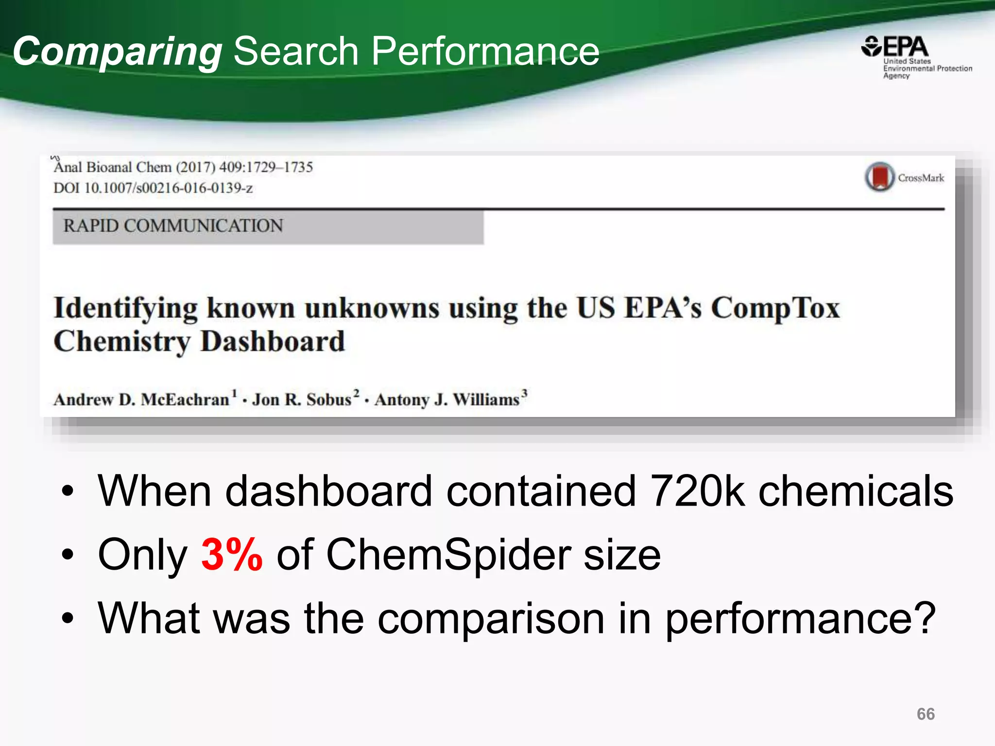 Comparing Search Performance
66
• When dashboard contained 720k chemicals
• Only 3% of ChemSpider size
• What was the comparison in performance?
 