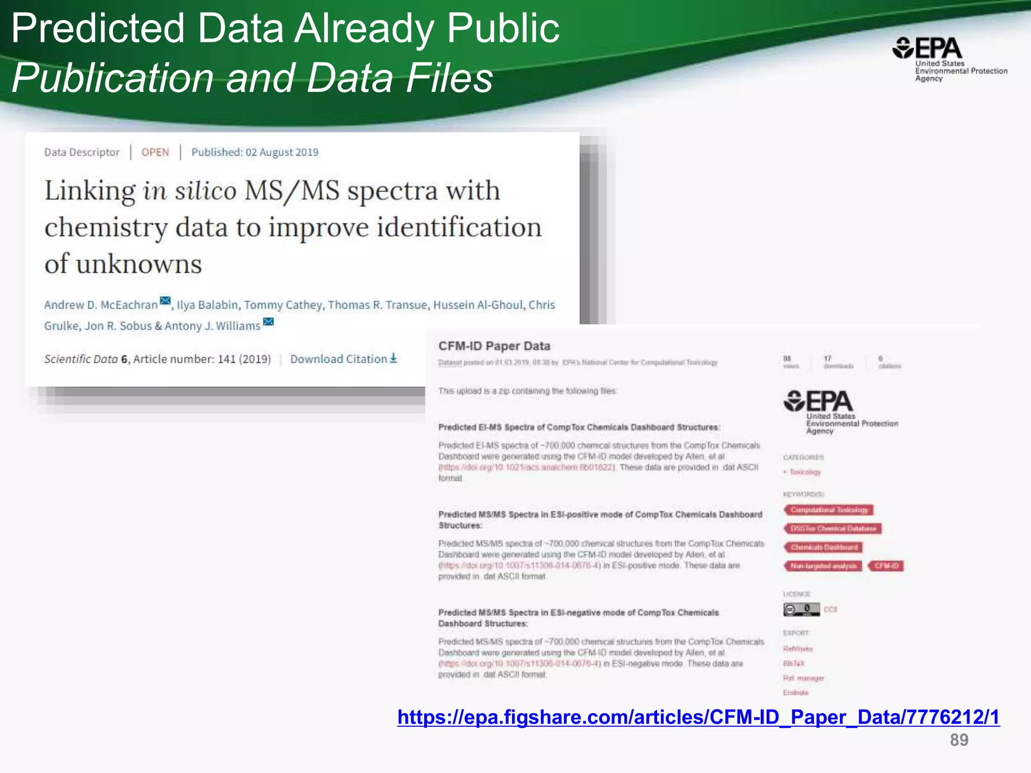 Predicted Data Already Public
Publication and Data Files
89
https://epa.figshare.com/articles/CFM-ID_Paper_Data/7776212/1
 