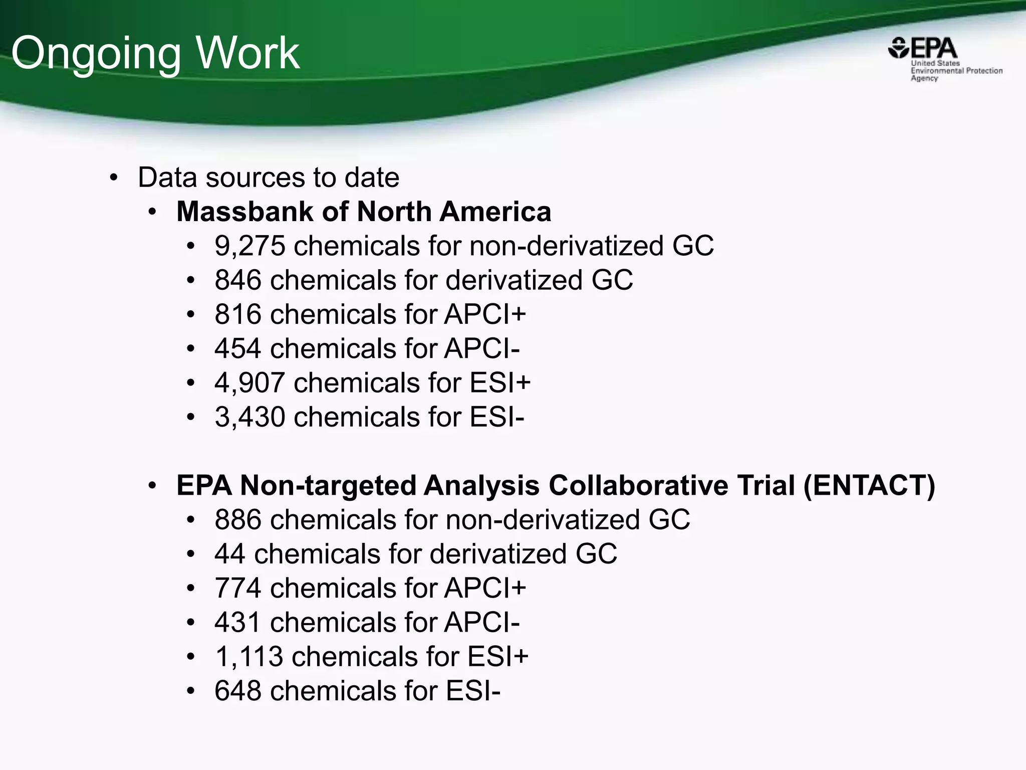 Ongoing Work
• Data sources to date
• Massbank of North America
• 9,275 chemicals for non-derivatized GC
• 846 chemicals for derivatized GC
• 816 chemicals for APCI+
• 454 chemicals for APCI-
• 4,907 chemicals for ESI+
• 3,430 chemicals for ESI-
• EPA Non-targeted Analysis Collaborative Trial (ENTACT)
• 886 chemicals for non-derivatized GC
• 44 chemicals for derivatized GC
• 774 chemicals for APCI+
• 431 chemicals for APCI-
• 1,113 chemicals for ESI+
• 648 chemicals for ESI-
 