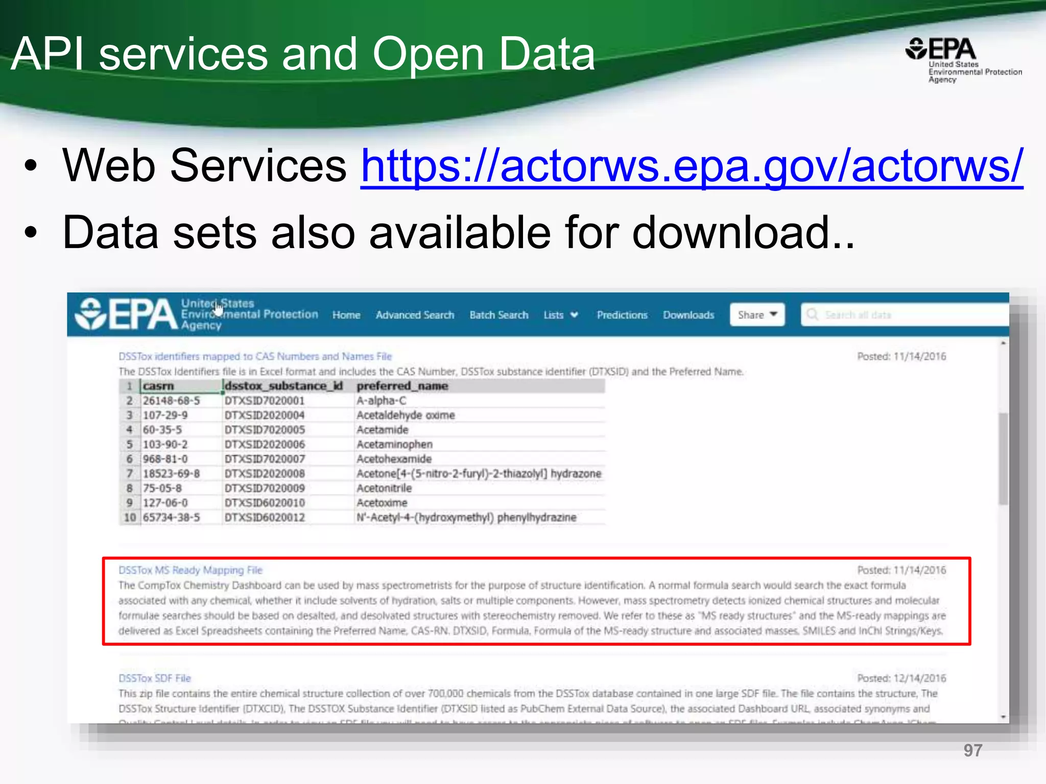 API services and Open Data
• Web Services https://actorws.epa.gov/actorws/
• Data sets also available for download..
97
 