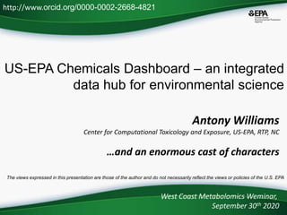 US-EPA Chemicals Dashboard – an integrated
data hub for environmental science
West Coast Metabolomics Weminar,
September 30th 2020
http://www.orcid.org/0000-0002-2668-4821
The views expressed in this presentation are those of the author and do not necessarily reflect the views or policies of the U.S. EPA
Antony Williams
Center for Computational Toxicology and Exposure, US-EPA, RTP, NC
…and an enormous cast of characters
 