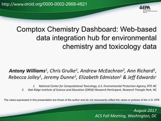 Comptox Chemistry Dashboard: Web-based
data integration hub for environmental
chemistry and toxicology data
Antony Williams1, Chris Grulke1, Andrew McEachran2, Ann Richard1,
Rebecca Jolley1, Jeremy Dunne1, Elizabeth Edmiston1 & Jeff Edwards1
1. National Center for Computational Toxicology, U.S. Environmental Protection Agency, RTP, NC
2. Oak Ridge Institute of Science and Education (ORISE) Research Participant, Research Triangle Park, NC
August 2017
ACS Fall Meeting, Washington, DC
http://www.orcid.org/0000-0002-2668-4821
The views expressed in this presentation are those of the author and do not necessarily reflect the views or policies of the U.S. EPA
 