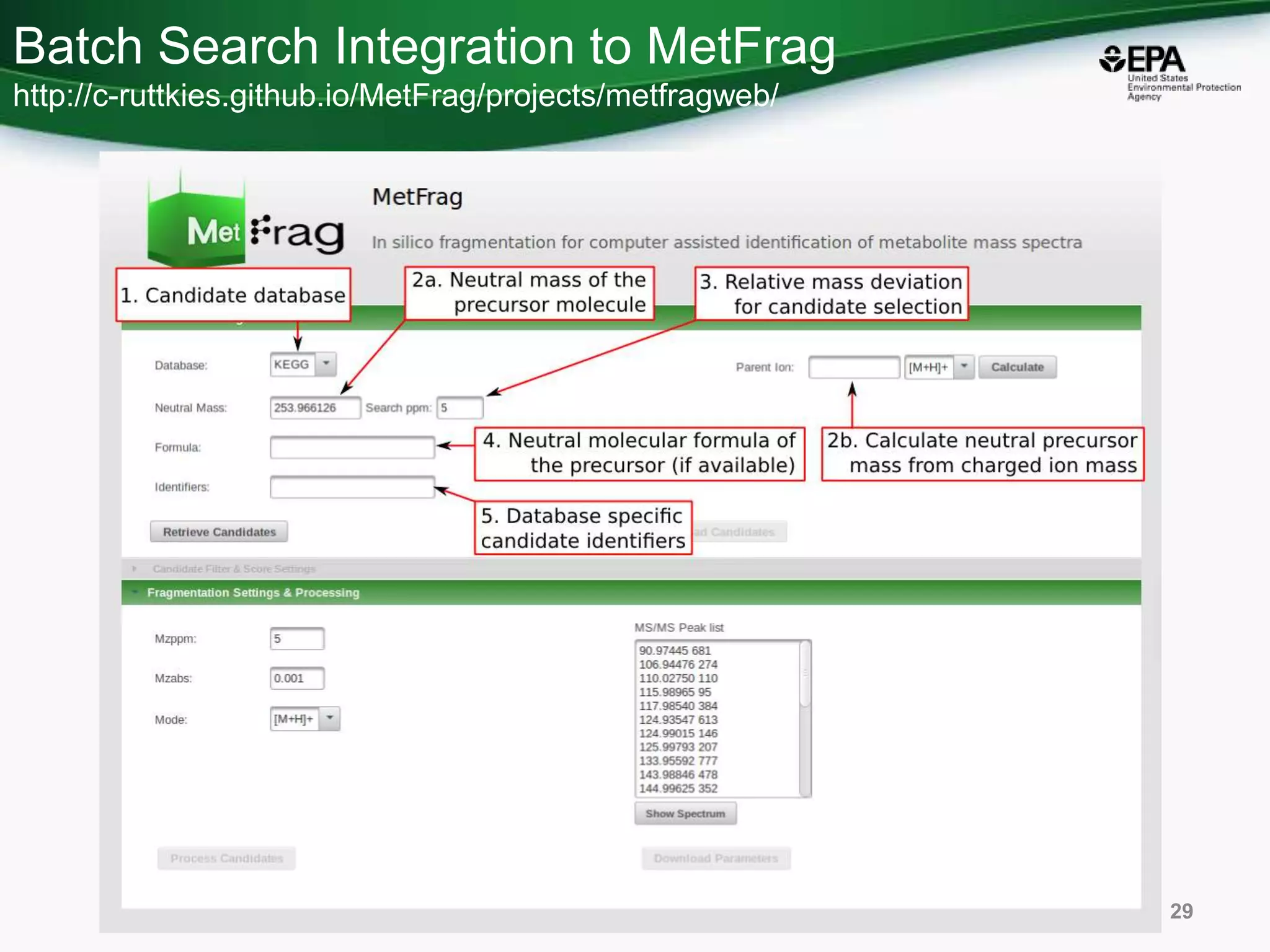 Batch Search Integration to MetFrag
http://c-ruttkies.github.io/MetFrag/projects/metfragweb/
29
 