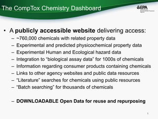 The CompTox Chemistry Dashboard
• A publicly accessible website delivering access:
– ~760,000 chemicals with related prope...