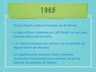 1965 Gordon Moore publica la famosa Ley de Moore.  La lógica difusa, diseñada por Lofti Zadeh, se usó para procesar datos aproximados.  J. B. Dennis introduce por primera vez el concepto de segmentación de memoria.  Los algoritmos de exclusión mutua (sistemas operativos) fueron tratados por primera vez en los clásicos documentos de Dijkstra.  