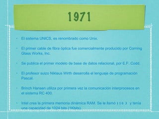 1971 El sistema UNICS, es renombrado como Unix.  El primer cable de fibra óptica fue comercialmente producido por Corning Glass Works, Inc.  Se publica el primer modelo de base de datos relacional, por E.F. Codd.  El profesor suizo Niklaus Wirth desarrolla el lenguaje de programación Pascal.  Brinch Hansen utiliza por primera vez la comunicación interprocesos en el sistema RC 400.  Intel crea la primera memoria dinámica RAM. Se le llamó  1103  y tenía una capacidad de 1024 bits (1Kbits).  