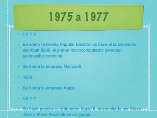 1975 a 1977 1975 En enero la revista Popular Electronics hace el lanzamiento del Altair 8800, el primer microcomputador personal reconocible como tal.  Se funda la empresa Microsoft.  1976 Se funda la empresa Apple.  1977 Se hace popular el ordenador Apple II, desarrollado por Steve Jobs y Steve Wozniak en un garaje.  