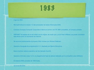 1983 Logo de GNU Microsoft ofrece la versión 1.0 del procesador de textos Word para DOS.  Compaq (Compaq Computer Corporation) fabrica el primer clon PC IBM compatible, el Compaq portable.  ARPANET se separa de la red militar que la originó, de modo que, ya sin fines militares, se puede considerar esta fecha como el nacimiento de Internet.  Se anuncia públicamente el proyecto GNU iniciado por Richard Stallman.  Aparece el lenguaje de programación C++ diseñado por Bjarne Stroustrup.  Nace el primer sistema operativo de Sun llamado SunOS.  Aparece el famoso Lotus 1-2-3, un programa de hoja de cálculo realizado por la compañía Lotus Software.  El sistema DNS consistía de 1000 hosts.  Se funda Borland.  