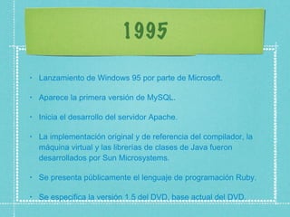 1995 Lanzamiento de Windows 95 por parte de Microsoft.  Aparece la primera versión de MySQL.  Inicia el desarrollo del servidor Apache.  La implementación original y de referencia del compilador, la máquina virtual y las librerías de clases de Java fueron desarrollados por Sun Microsystems.  Se presenta públicamente el lenguaje de programación Ruby.  Se especifica la versión 1.5 del DVD, base actual del DVD.  