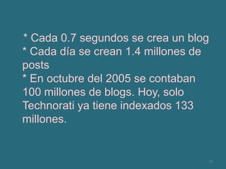    * Cada 0.7 segundos se crea un blog * Cada día se crean 1.4 millones de posts* En octubre del 2005 se contaban 100 millones de blogs. Hoy, solo Technorati ya tiene indexados 133 millones. 19
