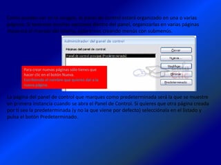 Como puedes ver en la imagen, el panel de control estará organizado en una o varias
páginas. Si tenemos muchas opciones dentro del panel, organizarlas en varias páginas
mejorará el manejo del mismo, estaremos creando menús con submenús.




       Para crear nuevas páginas sólo tienes que
       hacer clic en el botón Nueva.
       Escribiendo el nombre que quieres dar a la
       nueva página.

La página del panel de control que marques como predeterminada será la que se muestre
en primera instancia cuando se abra el Panel de Control. Si quieres que otra página creada
por tí sea la predeterminada (y no la que viene por defecto) selecciónala en el listado y
pulsa el botón Predeterminado.
 