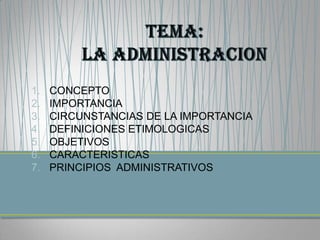 1. CONCEPTO
2. IMPORTANCIA
3. CIRCUNSTANCIAS DE LA IMPORTANCIA
4. DEFINICIONES ETIMOLOGICAS
5. OBJETIVOS
6. CARACTERISTICAS
7. PRINCIPIOS ADMINISTRATIVOS
 