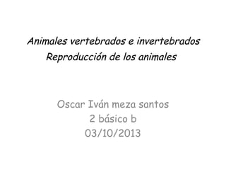 Animales vertebrados e invertebrados
Reproducción de los animales
Oscar Iván meza santos
2 básico b
03/10/2013
 