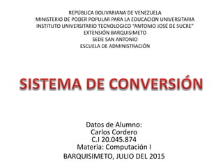 Datos de Alumno:
Carlos Cordero
C.I 20.045.874
Materia: Computación I
BARQUISIMETO, JULIO DEL 2015
REPÚBLICA BOLIVARIANA DE VENEZUELA
MINISTERIO DE PODER POPULAR PARA LA EDUCACION UNIVERSITARIA
INSTITUTO UNIVERSITARIO TECNOLOGICO “ANTONIO JOSÉ DE SUCRE”
EXTENSIÓN BARQUISIMETO
SEDE SAN ANTONIO
ESCUELA DE ADMINISTRACIÓN