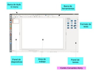 Panel de
diapositivas
Barra de titulo
O menú Barra de
herramientas
Panel de
tareas
Formato de
texto
Área de
trabajo
Cortés Cervantes Atziry
 