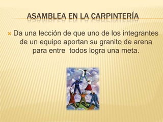 ASAMBLEA EN LA CARPINTERÍA

   Da una lección de que uno de los integrantes
     de un equipo aportan su granito de arena
         para entre todos logra una meta.
 