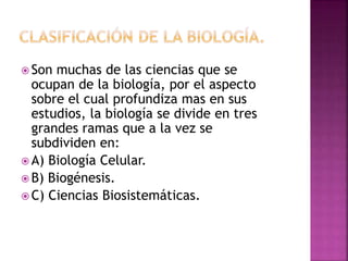  Son muchas de las ciencias que se
ocupan de la biología, por el aspecto
sobre el cual profundiza mas en sus
estudios, la biología se divide en tres
grandes ramas que a la vez se
subdividen en:
 A) Biología Celular.
 B) Biogénesis.
 C) Ciencias Biosistemáticas.
 