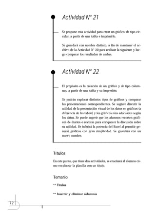 Actividad N° 21

           Se propone esta actividad para crear un gráfico, de tipo cir-
           cular, a partir de una tabla e imprimirlo.

           Se guardará con nombre distinto, a fin de mantener el ar-
           chivo de la Actividad N° 20 para realizar la siguiente y lue-
           go comparar los resultados de ambas.




           Actividad N° 22

           El propósito es la creación de un gráfico y de tipo colum-
           nas, a partir de una tabla y su impresión.

           Se podrán explorar distintos tipos de gráficos y comparar
           las presentaciones correspondientes. Se sugiere discutir la
           utilidad de la presentación visual de los datos en gráficos (a
           diferencia de las tablas) y los gráficos más adecuados según
           los datos. Se puede sugerir que los alumnos recorten gráfi-
           cos de diarios o revistas para enriquecer la discusión sobre
           su utilidad. Se inferirá la potencia del Excel al permitir ge-
           nerar gráficos con gran simplicidad. Se guardará con un
           nuevo nombre.




     Títulos
     En este punto, que tiene dos actividades, se enseñará al alumno có-
     mo encabezar la planilla con un título.


     Temario
     ** Títulos

     ** Insertar y eliminar columnas

72
 
