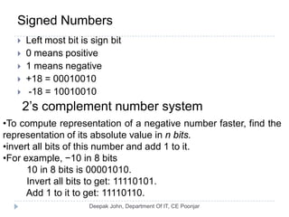 Signed Numbers
 Left most bit is sign bit
 0 means positive
 1 means negative
 +18 = 00010010
 -18 = 10010010
•To compute representation of a negative number faster, find the
representation of its absolute value in n bits.
•invert all bits of this number and add 1 to it.
•For example, −10 in 8 bits
10 in 8 bits is 00001010.
Invert all bits to get: 11110101.
Add 1 to it to get: 11110110.
2’s complement number system
 