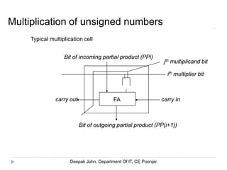 Multiplication of unsigned numbers
ith multiplier bit
carry incarry out
jth multiplicand bit
Bit of incoming partial product (PPi)
Bit of outgoing partial product (PP(i+1))
FA
Typical multiplication cell
 