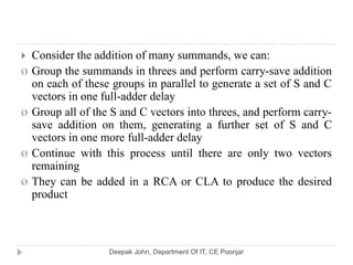  Consider the addition of many summands, we can:
Ø Group the summands in threes and perform carry-save addition
on each of these groups in parallel to generate a set of S and C
vectors in one full-adder delay
Ø Group all of the S and C vectors into threes, and perform carry-
save addition on them, generating a further set of S and C
vectors in one more full-adder delay
Ø Continue with this process until there are only two vectors
remaining
Ø They can be added in a RCA or CLA to produce the desired
product
 