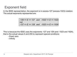 Exponent field
In the IEEE representation, the exponent is in excess-127 (excess-1023) notation.
The actual exponents represented are:
-126 <= E <= 127 and -1022 <= E <= 1023
not
-127 <= E <= 128 and -1023 <= E <= 1024
This is because the IEEE uses the exponents -127 and 128 (and -1023 and 1024),
that is the actual values 0 and 255 to represent special conditions:
- Exact zero
- Infinity
 