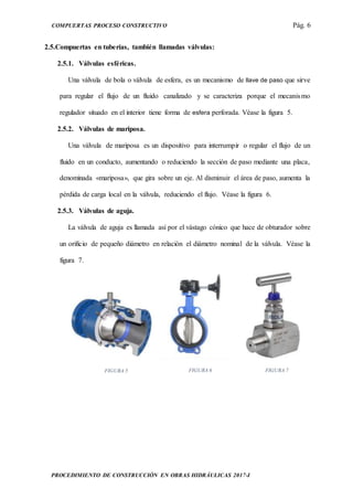 COMPUERTAS PROCESO CONSTRUCTIVO Pág. 6
PROCEDIMIENTO DE CONSTRUCCIÓN EN OBRAS HIDRÁULICAS 2017-I
2.5.Compuertas en tuberías, también llamadas válvulas:
2.5.1. Válvulas esféricas.
Una válvula de bola o válvula de esfera, es un mecanismo de llave de paso que sirve
para regular el flujo de un fluido canalizado y se caracteriza porque el mecanismo
regulador situado en el interior tiene forma de esfera perforada. Véase la figura 5.
2.5.2. Válvulas de mariposa.
Una válvula de mariposa es un dispositivo para interrumpir o regular el flujo de un
fluido en un conducto, aumentando o reduciendo la sección de paso mediante una placa,
denominada «mariposa», que gira sobre un eje. Al disminuir el área de paso, aumenta la
pérdida de carga local en la válvula, reduciendo el flujo. Véase la figura 6.
2.5.3. Válvulas de aguja.
La válvula de aguja es llamada así por el vástago cónico que hace de obturador sobre
un orificio de pequeño diámetro en relación el diámetro nominal de la válvula. Véase la
figura 7.
FIGURA 5 FIGURA 6 FIGURA 7
 