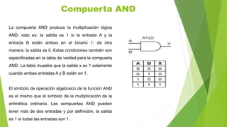 La compuerta AND produce la multiplicación lógica
AND: esto es: la salida es 1 si la entrada A y la
entrada B están ambas en el binario 1: de otra
manera, la salida es 0. Estas condiciones también son
especificadas en la tabla de verdad para la compuerta
AND. La tabla muestra que la salida x es 1 solamente
cuando ambas entradas A y B están en 1.
El símbolo de operación algebraico de la función AND
es el mismo que el símbolo de la multiplicación de la
aritmética ordinaria. Las compuertas AND pueden
tener más de dos entradas y por definición, la salida
es 1 si todas las entradas son 1.
Compuerta AND
 