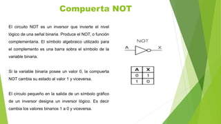 El circuito NOT es un inversor que invierte el nivel
lógico de una señal binaria. Produce el NOT, o función
complementaria. El símbolo algebraico utilizado para
el complemento es una barra sobra el símbolo de la
variable binaria.
Si la variable binaria posee un valor 0, la compuerta
NOT cambia su estado al valor 1 y viceversa.
El círculo pequeño en la salida de un símbolo gráfico
de un inversor designa un inversor lógico. Es decir
cambia los valores binarios 1 a 0 y viceversa.
Compuerta NOT
 