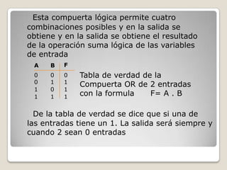 Esta compuerta lógica permite cuatro combinaciones posibles y en la salida se obtiene y en la salida se obtiene el resulta...