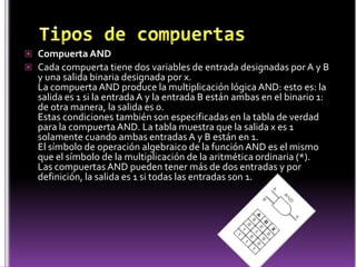 Tipos de compuertasCompuerta ANDCada compuerta tiene dos variables de entrada designadas por A y B y una salida binaria designada por x. La compuerta AND produce la multiplicación lógica AND: esto es: la salida es 1 si la entrada A y la entrada B están ambas en el binario 1: de otra manera, la salida es 0. Estas condiciones también son especificadas en la tabla de verdad para la compuerta AND. La tabla muestra que la salida x es 1 solamente cuando ambas entradas A y B están en 1.El símbolo de operación algebraico de la función AND es el mismo que el símbolo de la multiplicación de la aritmética ordinaria (*).Las compuertas AND pueden tener más de dos entradas y por definición, la salida es 1 si todas las entradas son 1.