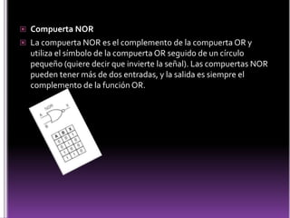 Compuerta NORLa compuerta NOR es el complemento de la compuerta OR y utiliza el símbolo de la compuerta OR seguido de un círculo pequeño (quiere decir que invierte la señal). Las compuertas NOR pueden tener más de dos entradas, y la salida es siempre el complemento de la función OR.