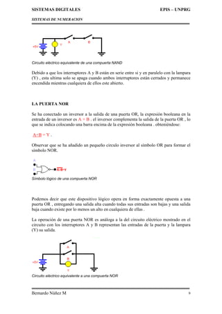 SISTEMAS DIGITALES EPIS – UNPRG
SISTEMAS DE NUMERACION
Bernardo Núñez M 9
Circuito eléctrico equivalente de una compuerta NAND
Debido a que los interruptores A y B están en serie entre si y en paralelo con la lampara
(Y) , esta ultima solo se apaga cuando ambos interruptores están cerrados y permanece
encendida mientras cualquiera de ellos este abierto.
LA PUERTA NOR
Se ha conectado un inversor a la salida de una puerta OR, la expresión booleana en la
entrada de un inversor es A + B . el inversor complementa la salida de la puerta OR , lo
que se indica colocando una barra encima de la expresión booleana . obteniéndose:
A+B = Y .
Observar que se ha añadido un pequeño circulo inversor al símbolo OR para formar el
símbolo NOR.
Símbolo lógico de una compuerta NOR
Podemos decir que este dispositivo lógico opera en forma exactamente opuesta a una
puerta OR , entregando una salida alta cuando todas sus entradas son bajas y una salida
baja cuando existe por lo menos un alto en cualquiera de ellas .
La operación de una puerta NOR es análoga a la del circuito eléctrico mostrado en el
circuito con los interruptores A y B representan las entradas de la puerta y la lampara
(Y) su salida.
Circuito eléctrico equivalente a una compuerta NOR
 