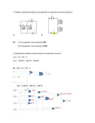 1. Indique a qué puertas lógicas corresponden los siguientes circuitos eléctricos.
a) b)
R= a.) Corresponde a una compuert...