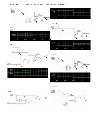 > LABORATORIO # 1 – COMPUERTAS LOGICAS BASICAS Y ALGEBA DE BOOLE<

   VI.




                                               X+X=X

   VII.
   VIII.




   IX.
   X. A + A.B = A



                                               X + X` = 1




                                               X+0=X


A+B
 