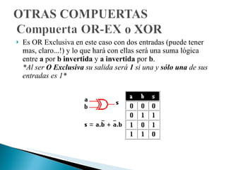 Es OR Exclusiva en este caso con dos entradas (puede tener mas, claro...!) y lo que hará con ellas será una suma lógica entre  a  por  b invertida  y  a invertida  por  b . *Al ser  O Exclusiva  su salida será  1  si una y  sólo una  de sus entradas es 1* 