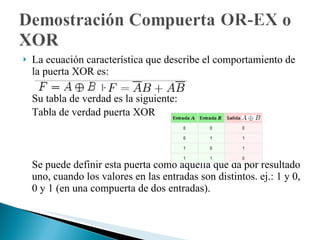 La ecuación característica que describe el comportamiento de la puerta XOR es: Su tabla de verdad es la siguiente: Tabla de verdad puerta XOR Se puede definir esta puerta como aquella que da por resultado uno, cuando los valores en las entradas son distintos. ej.: 1 y 0, 0 y 1 (en una compuerta de dos entradas). 