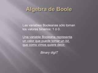 Las variables Booleanas sólo toman
los valores binarios: 1 ó 0.

Una variable Booleana representa
un valor que puede tomar un bit,
que como vimos quiere decir:

           Binary digIT
 