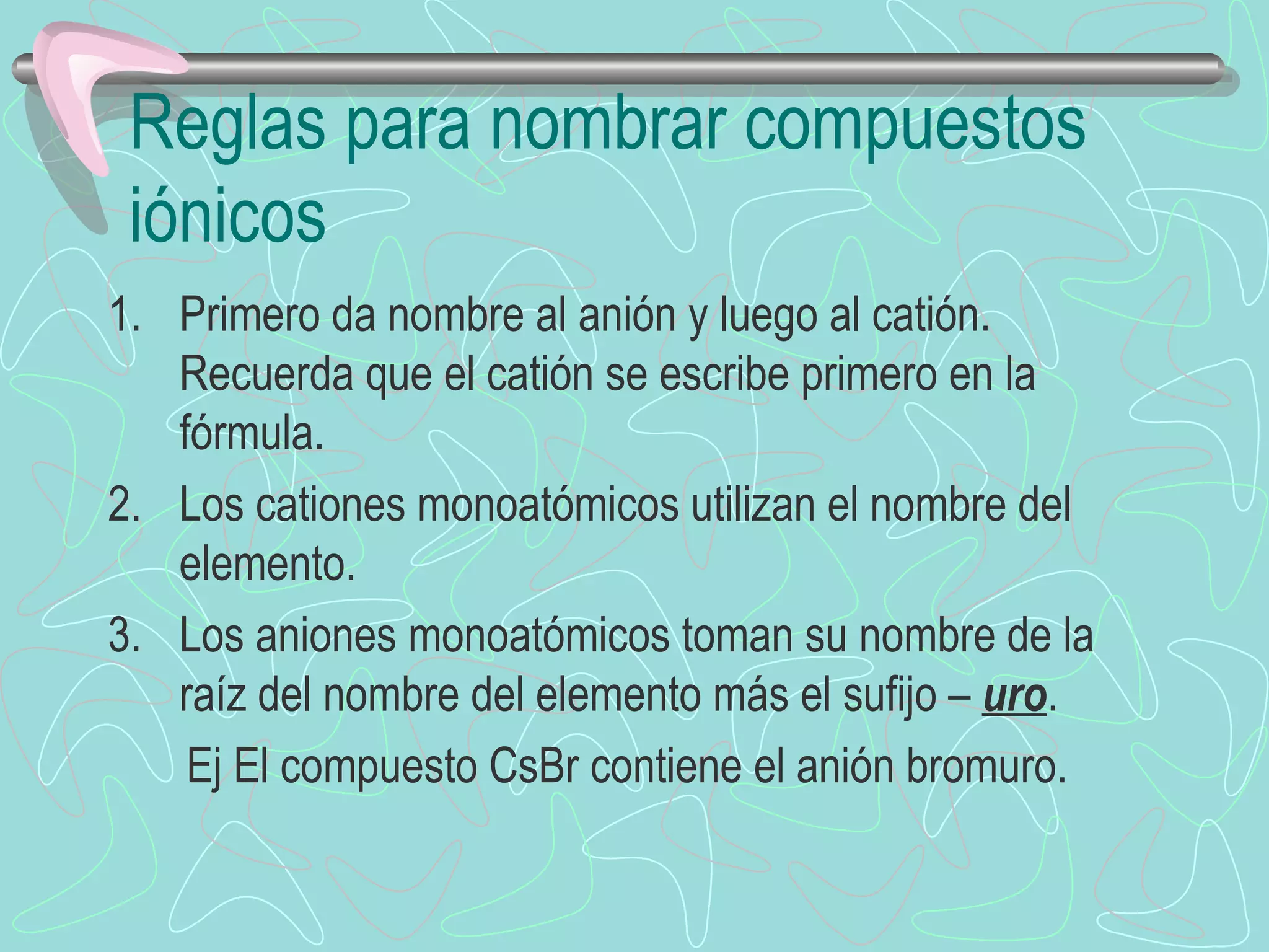 Reglas para nombrar compuestos iónicos Primero da nombre al anión y luego al catión.  Recuerda que el catión se escribe primero en la fórmula. Los cationes monoatómicos utilizan el nombre del elemento.  Los aniones monoatómicos toman su nombre de la raíz del nombre del elemento más el sufijo –  uro .  Ej El compuesto CsBr contiene el anión bromuro. 