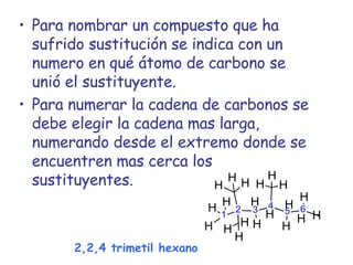 Para nombrar un compuesto que ha sufrido sustitución se indica con un numero en qué átomo de carbono se unió el sustituyente. Para numerar la cadena de carbonos se debe elegir la cadena mas larga, numerando desde el extremo donde se encuentren mas cerca los sustituyentes. 2,2,4 trimetil hexano 