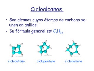 Cicloalcanos  Son alcanos cuyos átomos de carbono se unen en anillos. Su fórmula general es:  C n H 2n ciclobutano ciclohexano ciclopentano 
