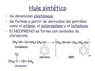 Hule sintético Se denominan  elastómeos . Se forman a partir de derivados del petróleo como el  etileno , el  polipropileno  y el  butadieno El NEOPRENO se forma con unidades de cloropreno. cloropreno 