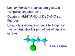 Los primeros 4 alcanos son gases a temperatura ambiente. Desde el PENTANO al DECANO son líquidos. En muchos alcanos algunos hidrógenos fueron  sustituidos  por otros átomos o grupos. 2 cloro butano 