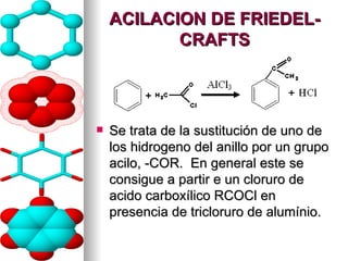 ACILACION DE FRIEDEL- CRAFTS Se trata de la sustitución de uno de los hidrogeno del anillo por un grupo acilo,  -COR.  En general este se consigue a partir e un cloruro de acido carboxílico RCOCl en presencia de tricloruro de alumínio.  